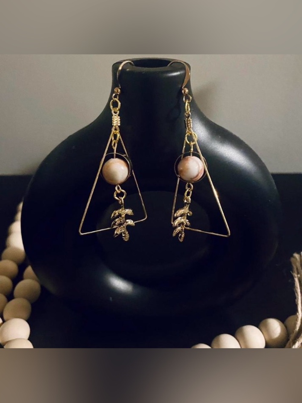 Gold Triangle Drop Earrings with Beige Stone and Leaf Charm